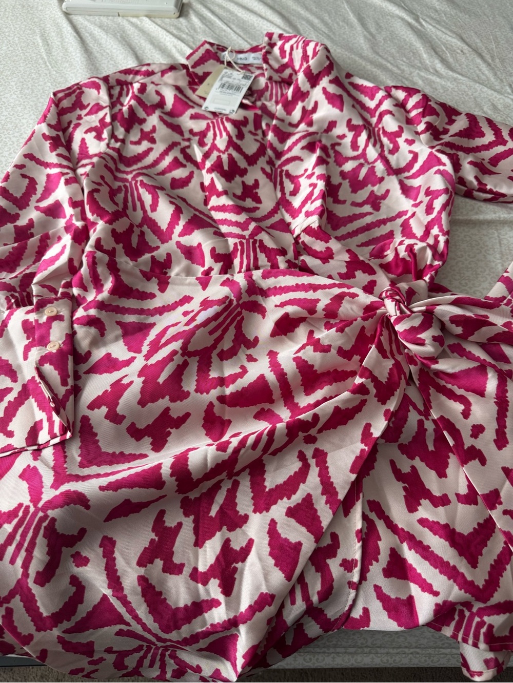 Mango Pink and White Printed Tie-Waist Mini Dress